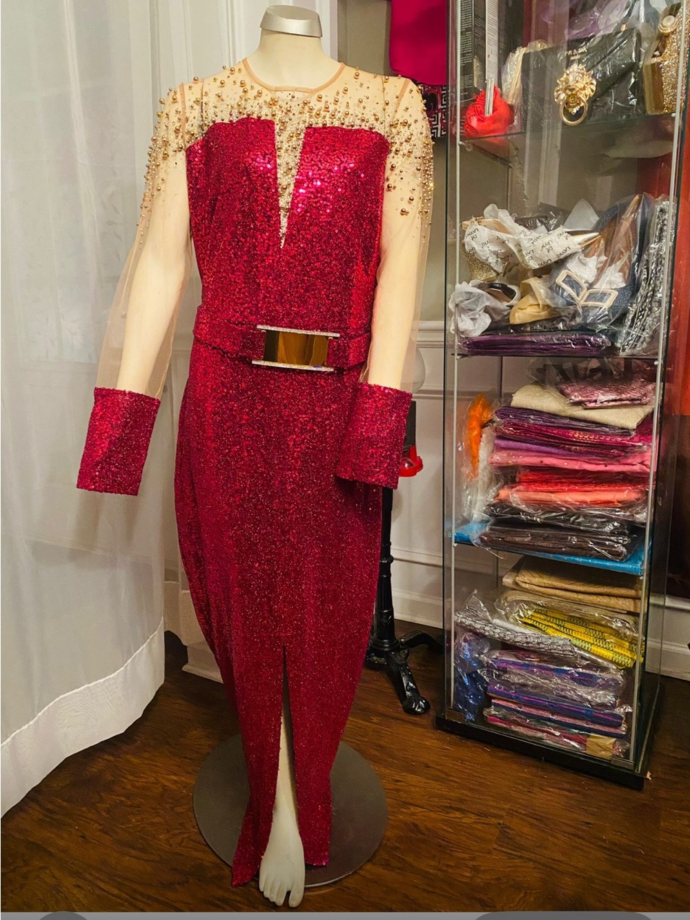 Pink Sequin Belted Long Sleeve Evening Dress